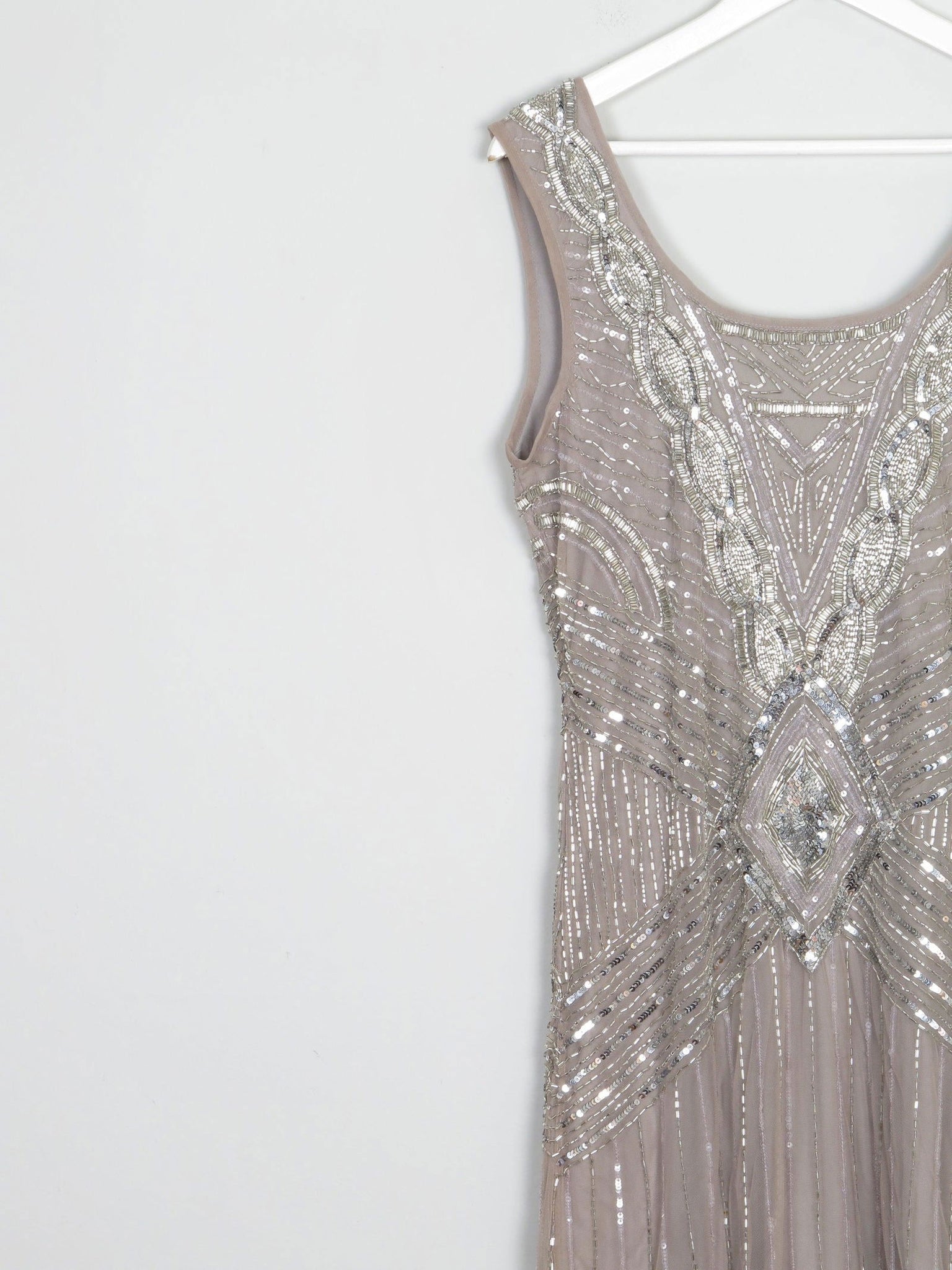 Grey/Taupe Vintage 1920s  Style Beaded Flapper Dress With Silver 14 - The Harlequin