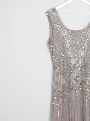 Grey/Taupe Vintage 1920s  Style Beaded Flapper Dress With Silver 14 - The Harlequin
