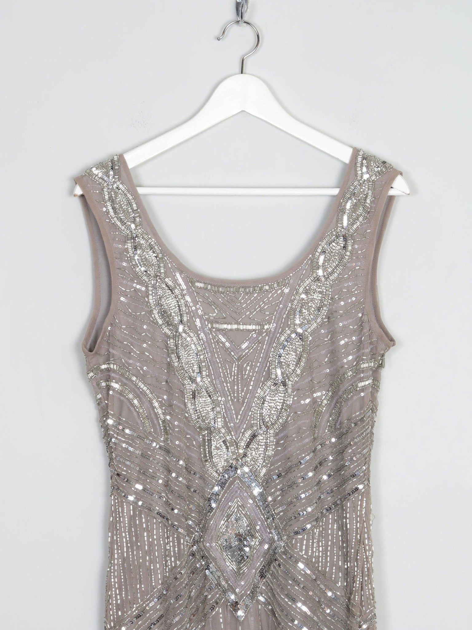 Grey/Taupe Vintage 1920s  Style Beaded Flapper Dress With Silver 14 - The Harlequin