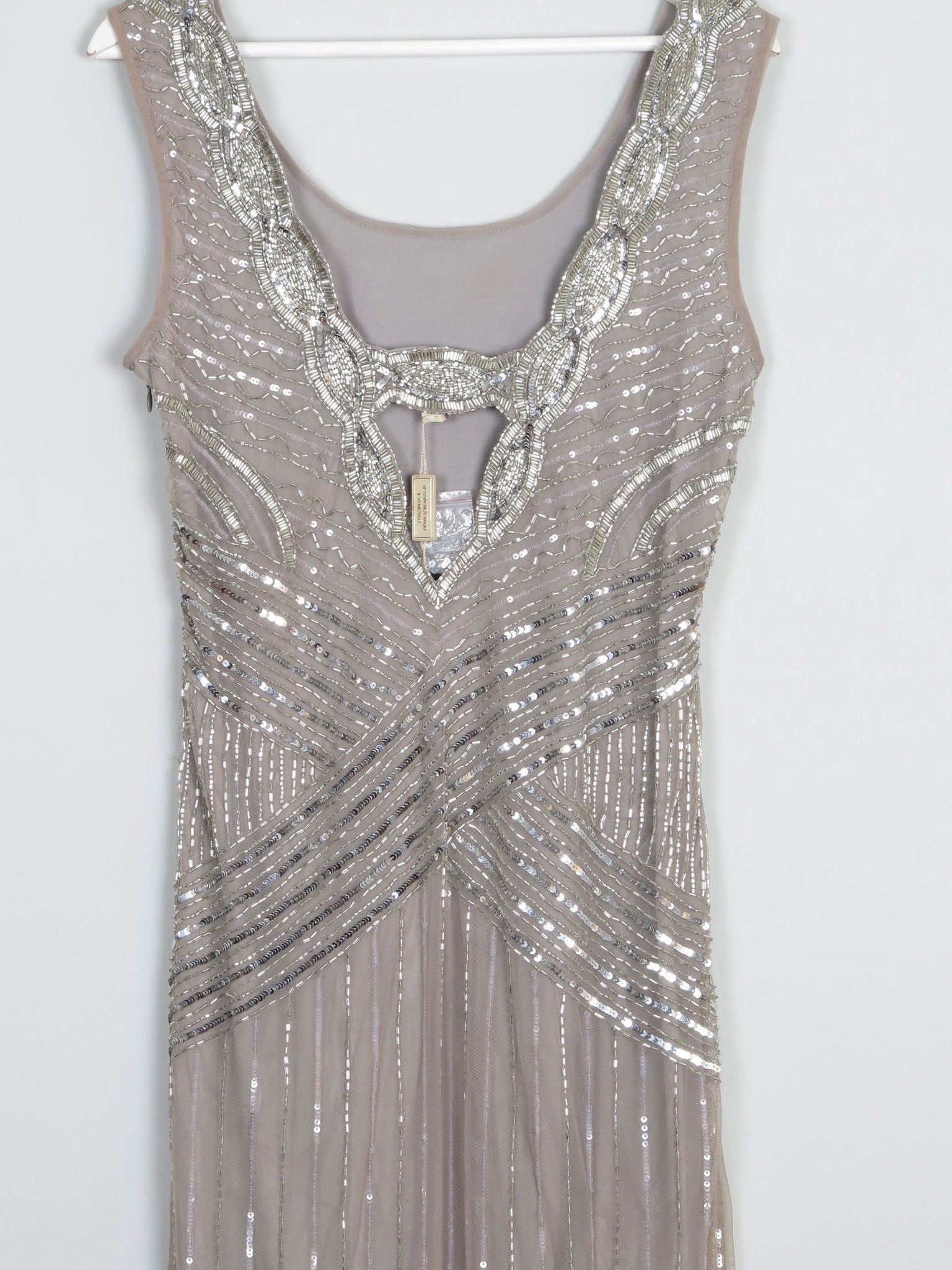 Grey/Taupe Vintage 1920s  Style Beaded Flapper Dress With Silver 14 - The Harlequin
