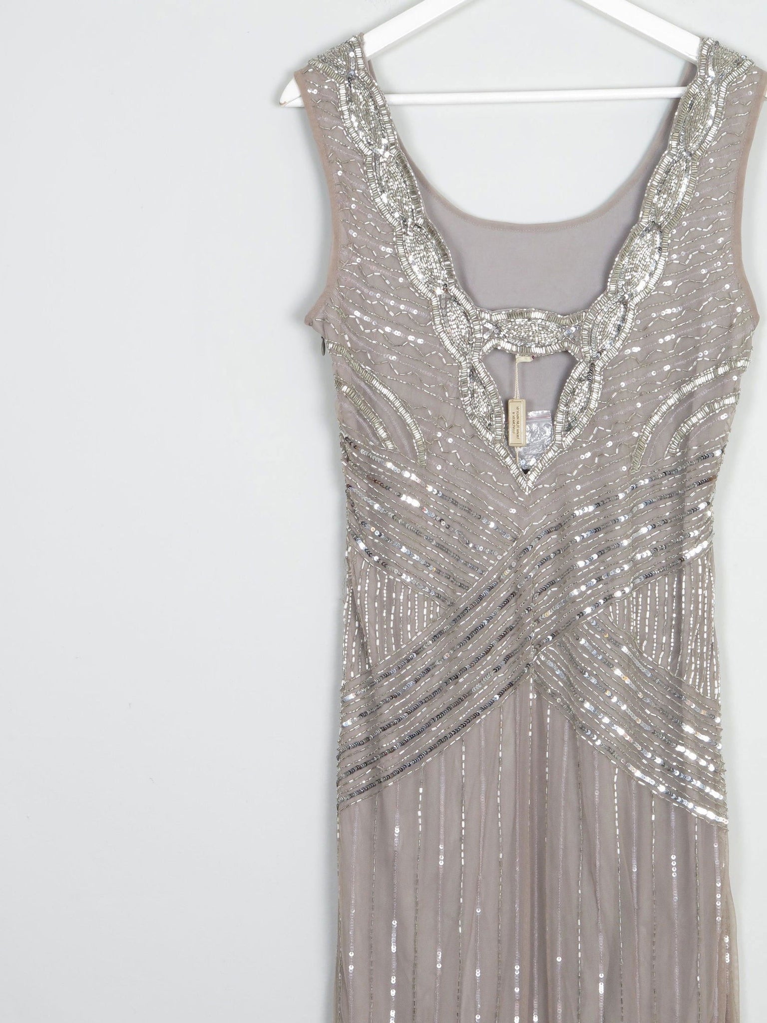 Grey/Taupe Vintage 1920s  Style Beaded Flapper Dress With Silver 14 - The Harlequin