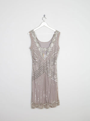 Grey/Taupe Vintage 1920s  Style Beaded Flapper Dress With Silver 14 - The Harlequin