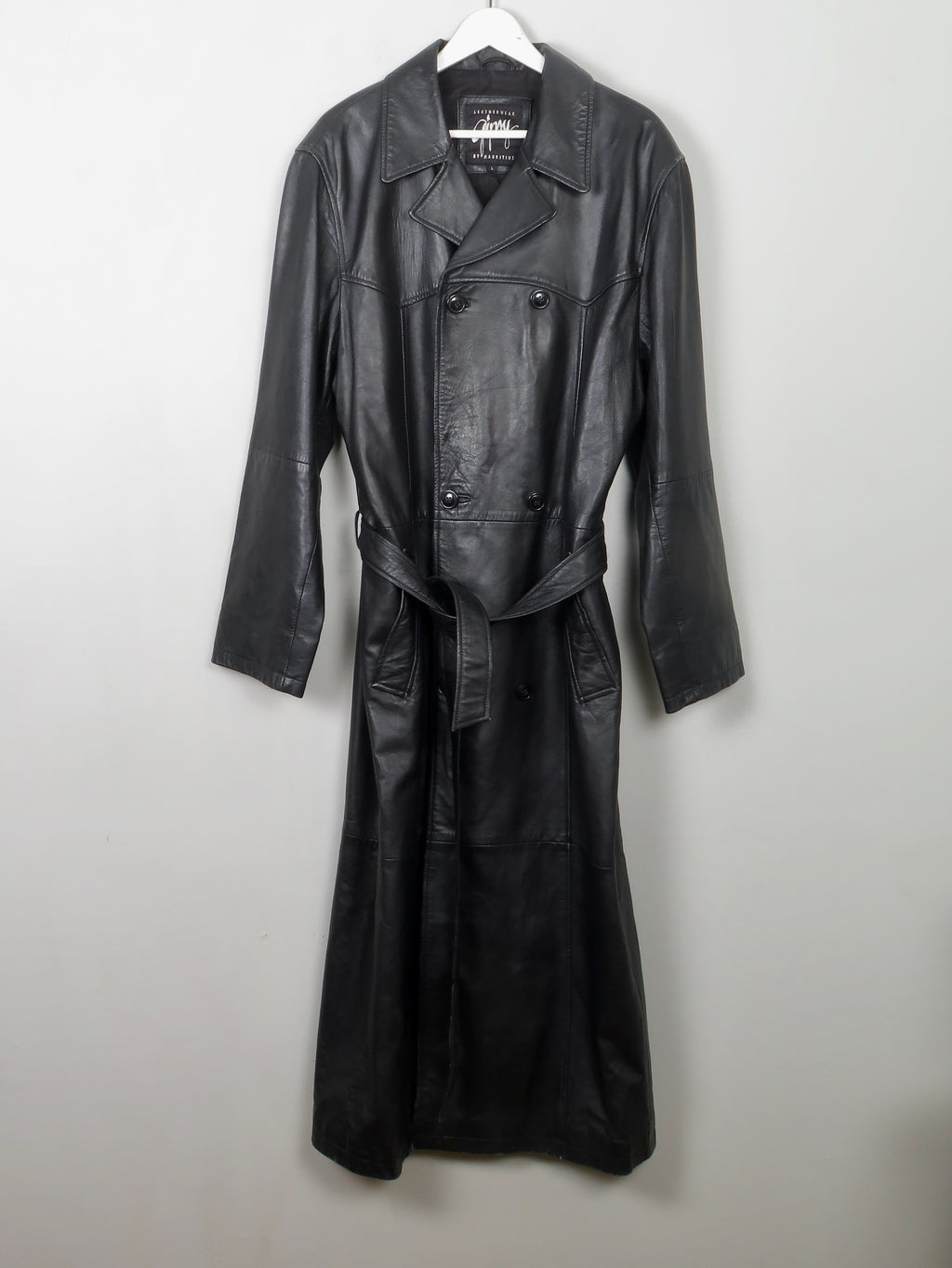 Men's Vintage Long Belted Black Leather Coat L