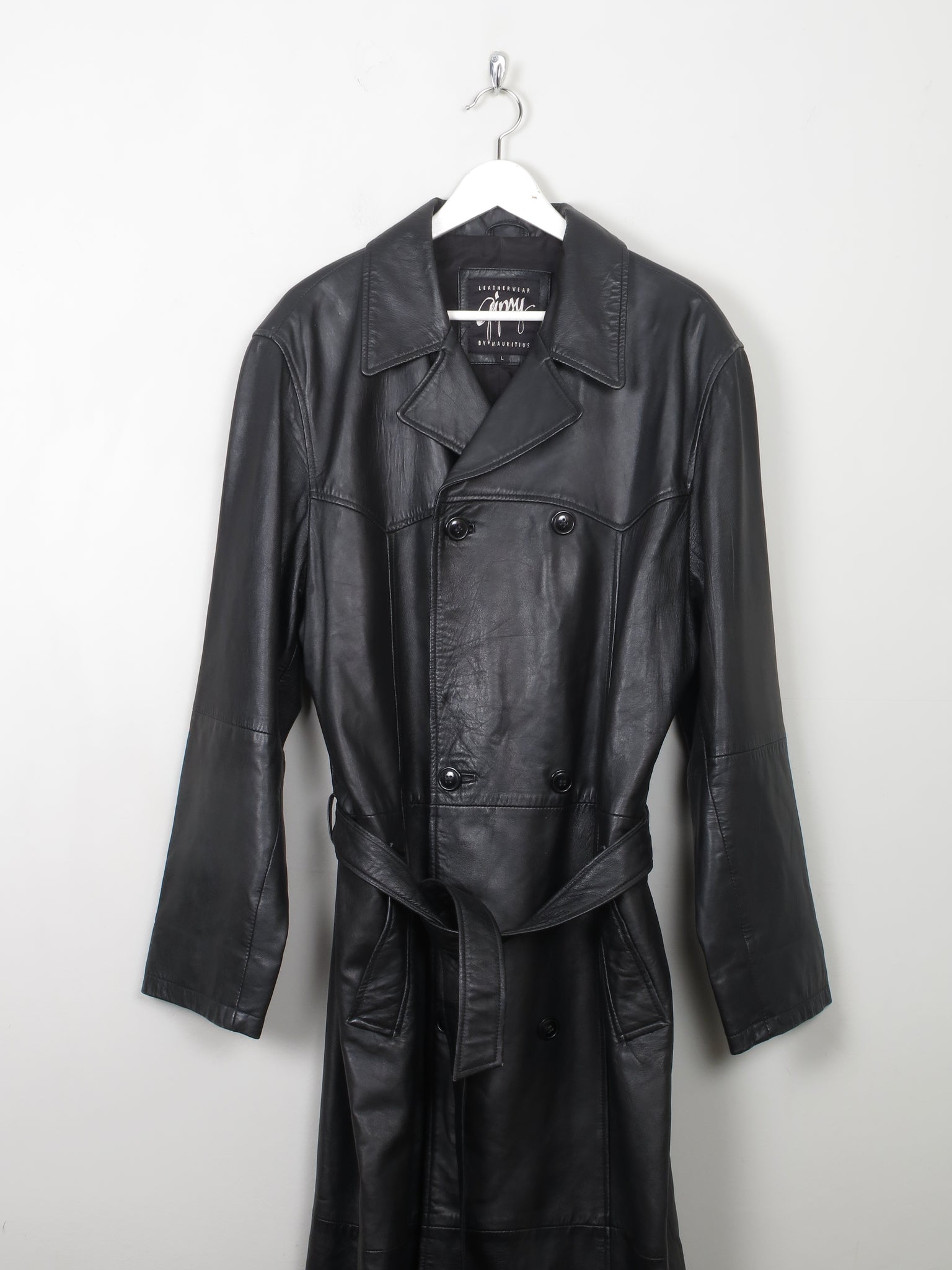 Men's Vintage Long Belted Black Leather Coat L