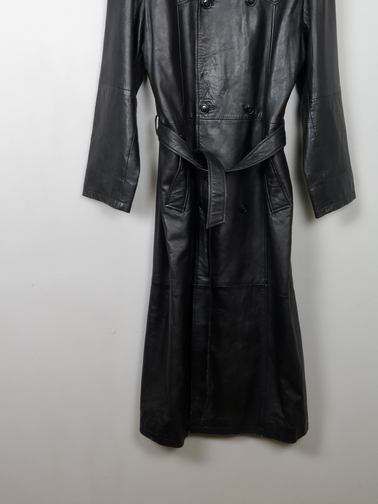 Men's Vintage Long Belted Black Leather Coat L