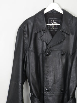 Men's Vintage Long Belted Black Leather Coat L