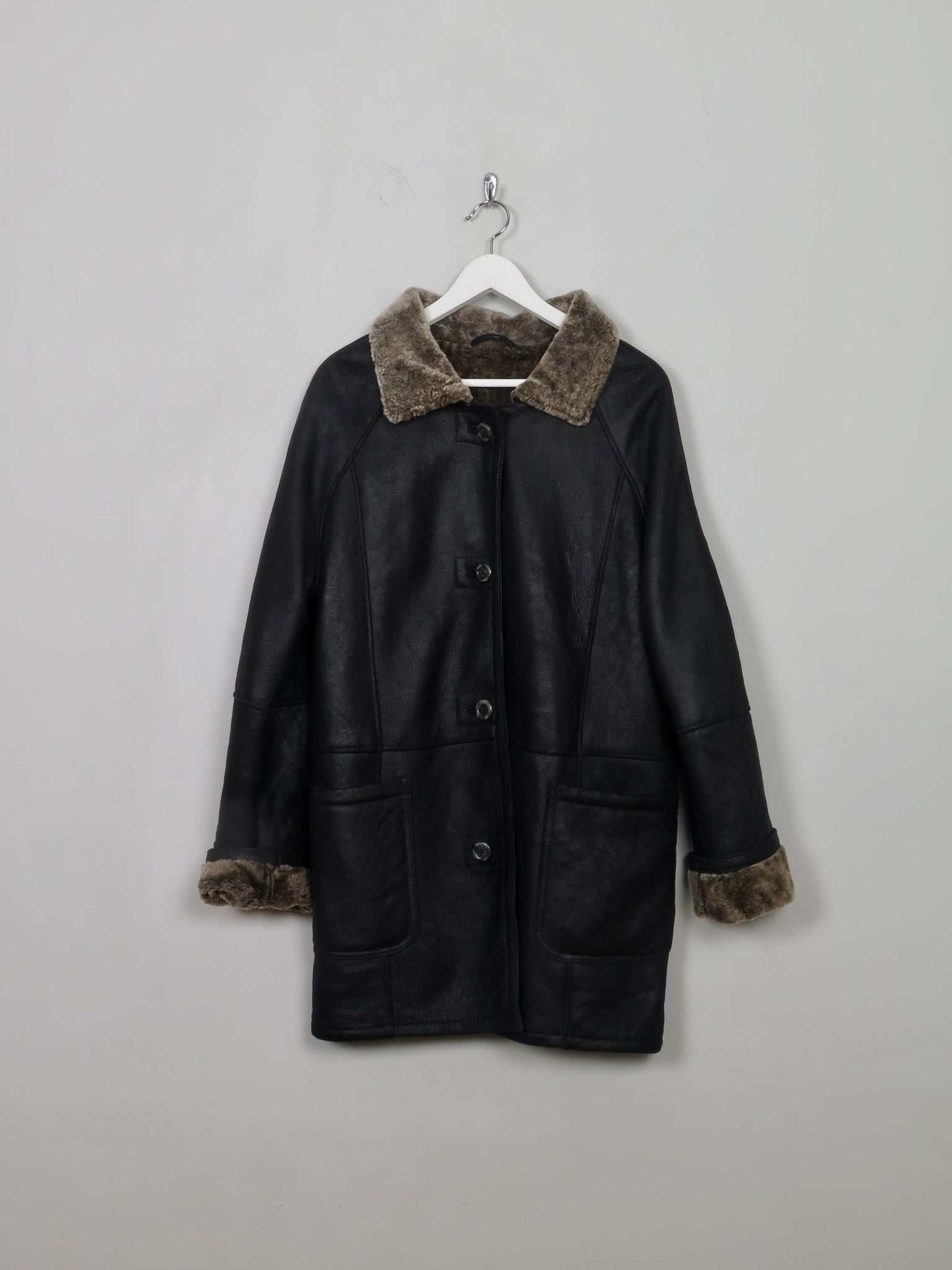 Women's Vintage Charcoal Black Sheepskin Coat S/M