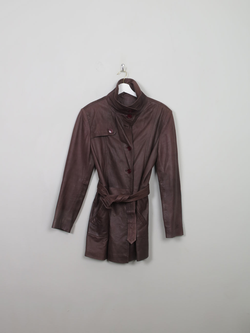 Women's Vintage Soft Brown Leather Belted Short Coat S/M