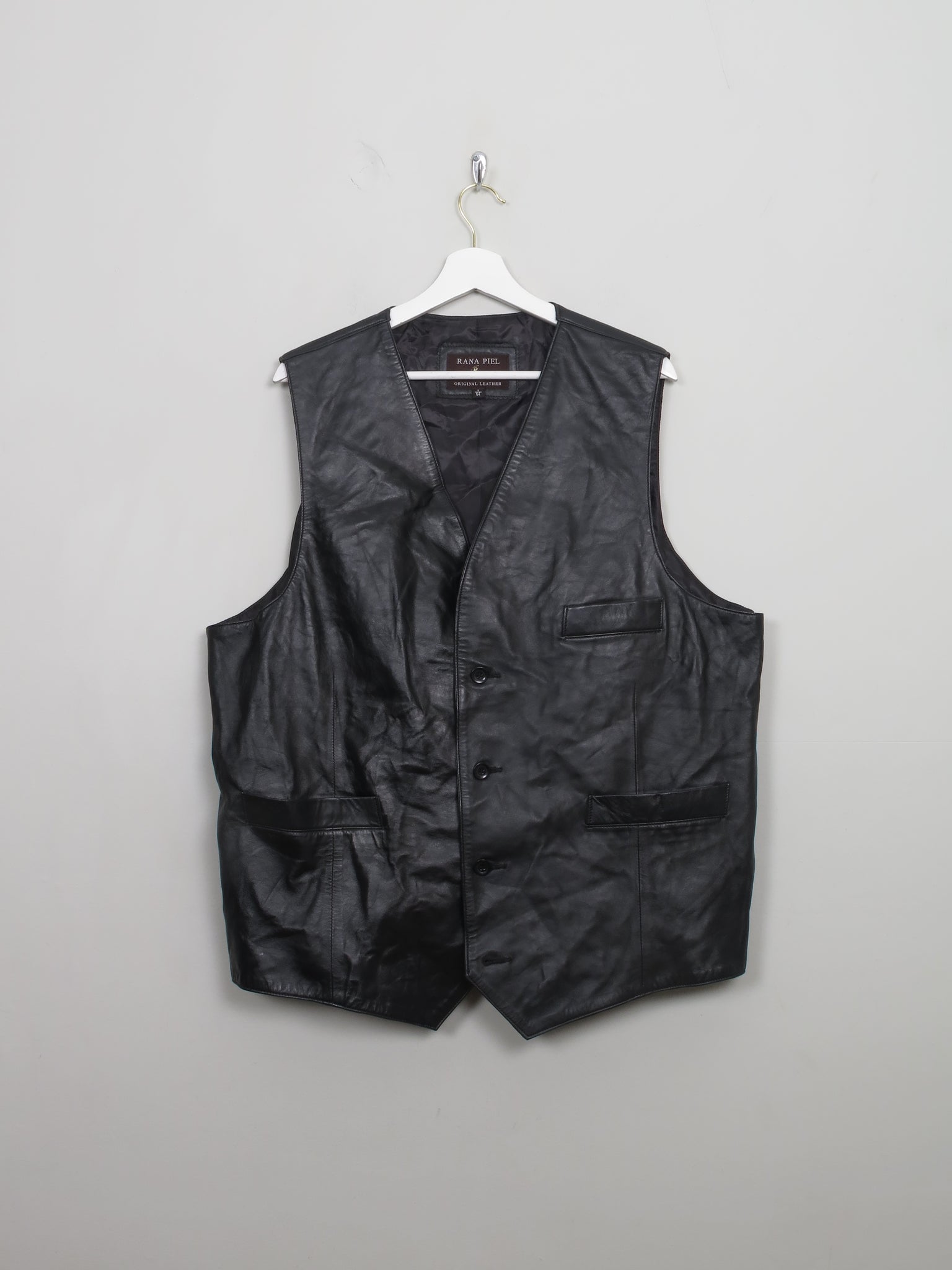 Men's Vintage Black Leather Waistcoat XL