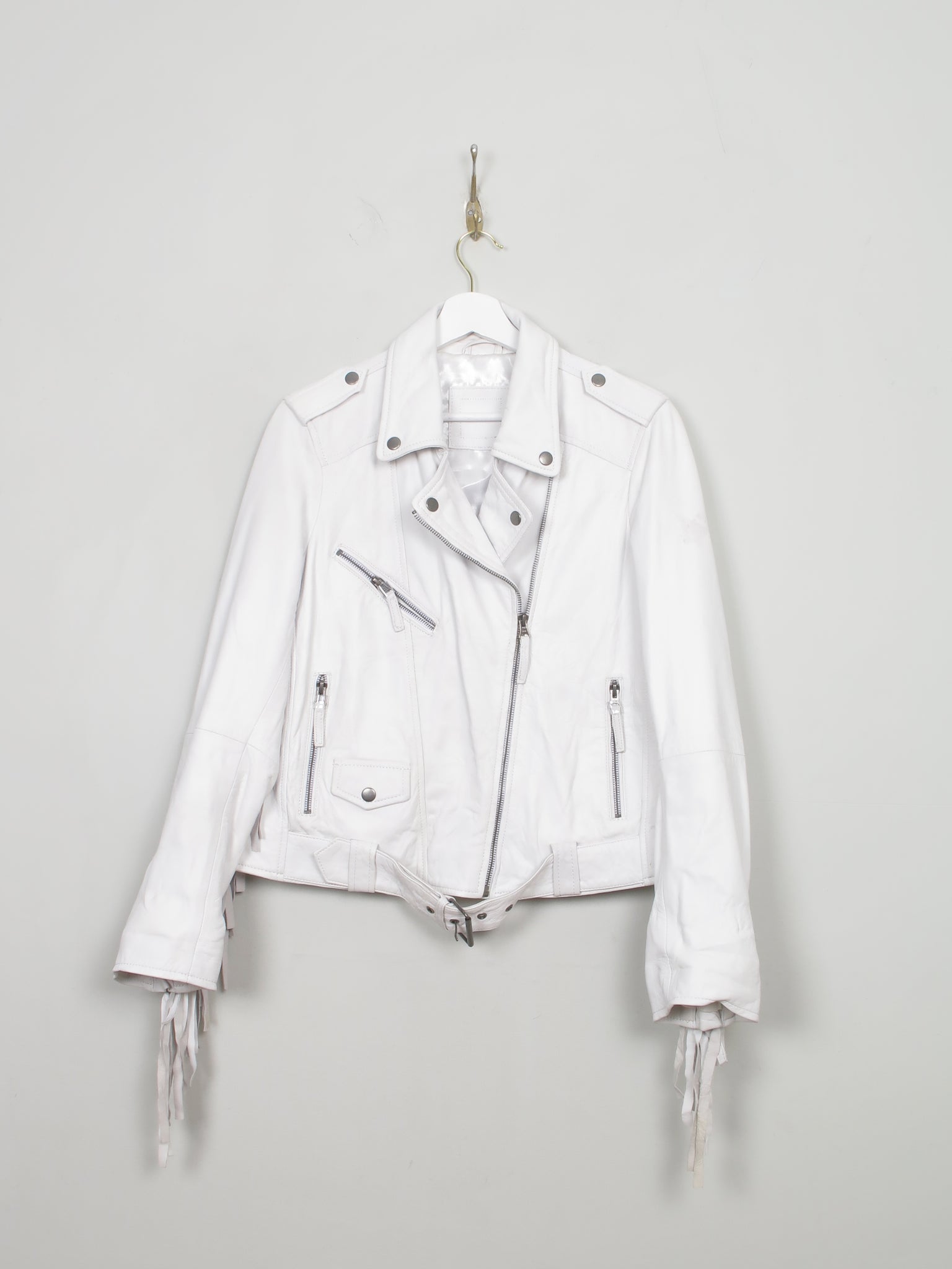 Women's White Fringed Leather Jacket S