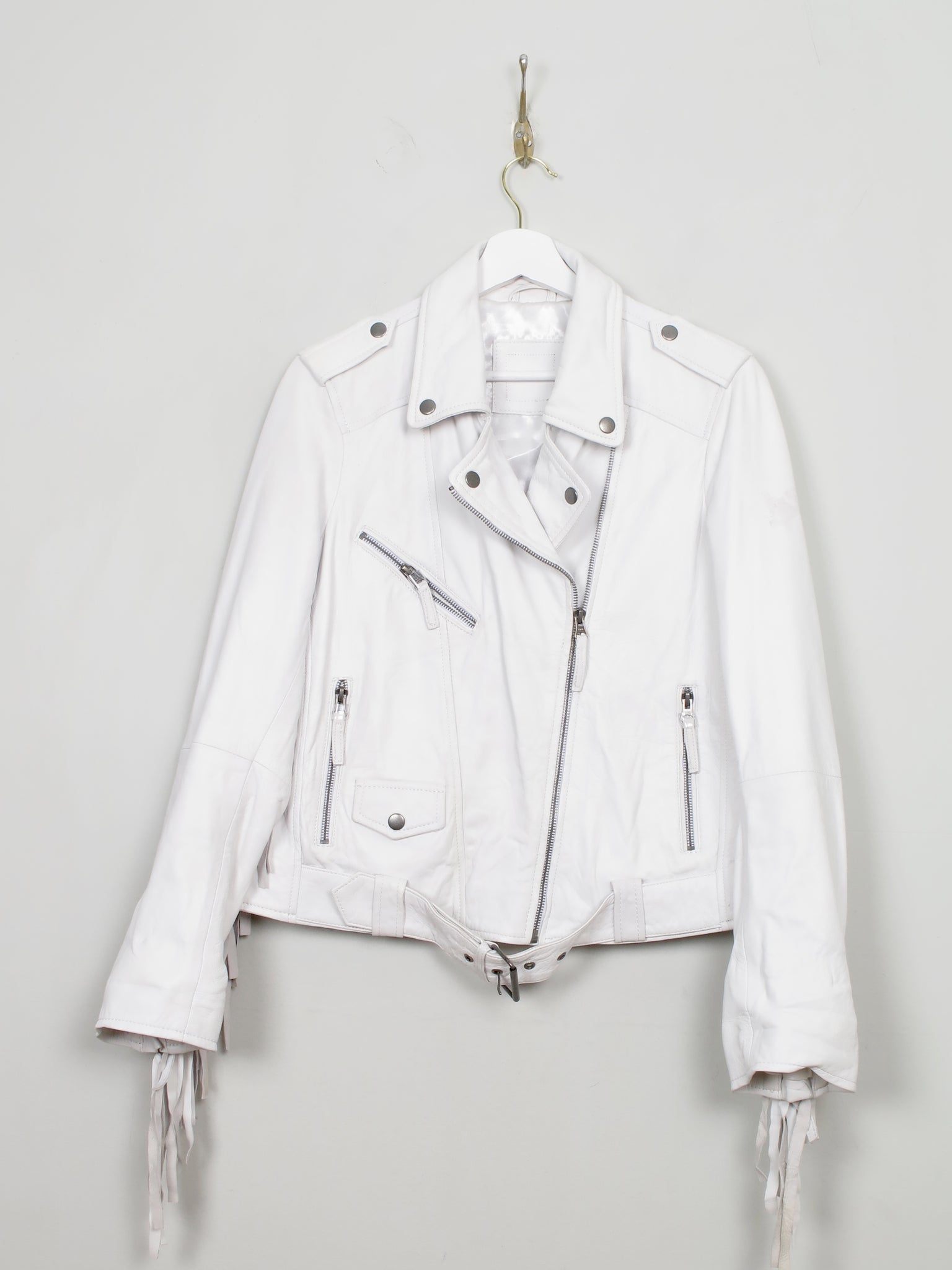 Women's White Fringed Leather Jacket S
