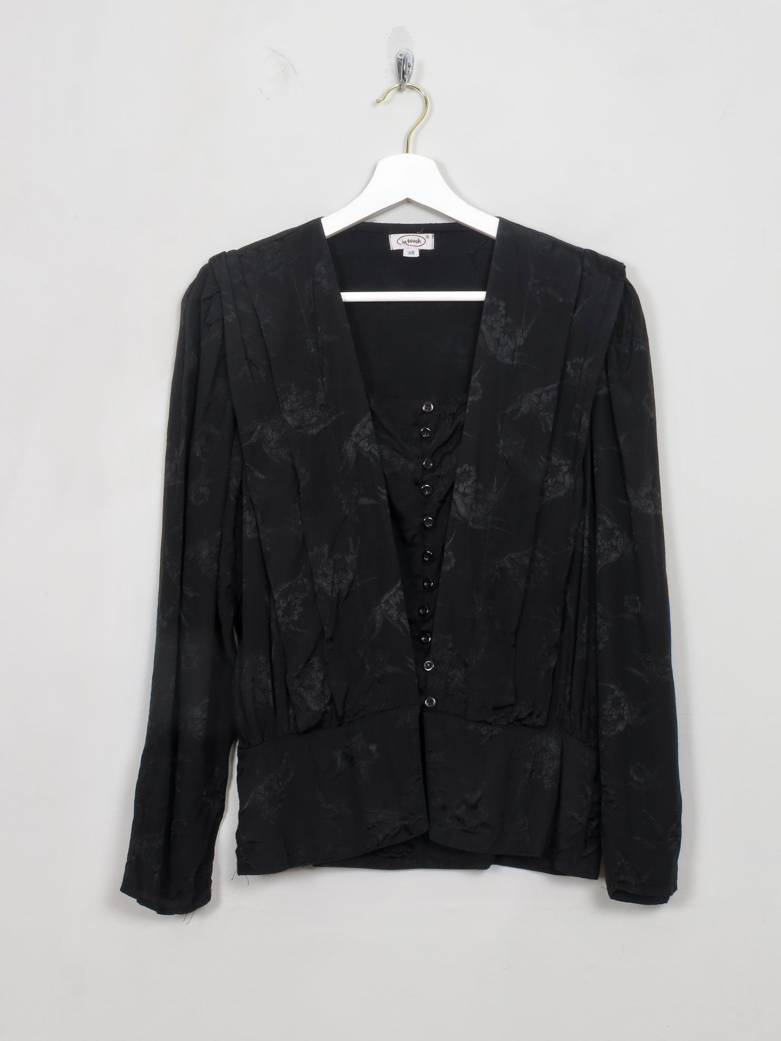 Women's Vintage Black Jacquard Long Sleeved Blouse S
