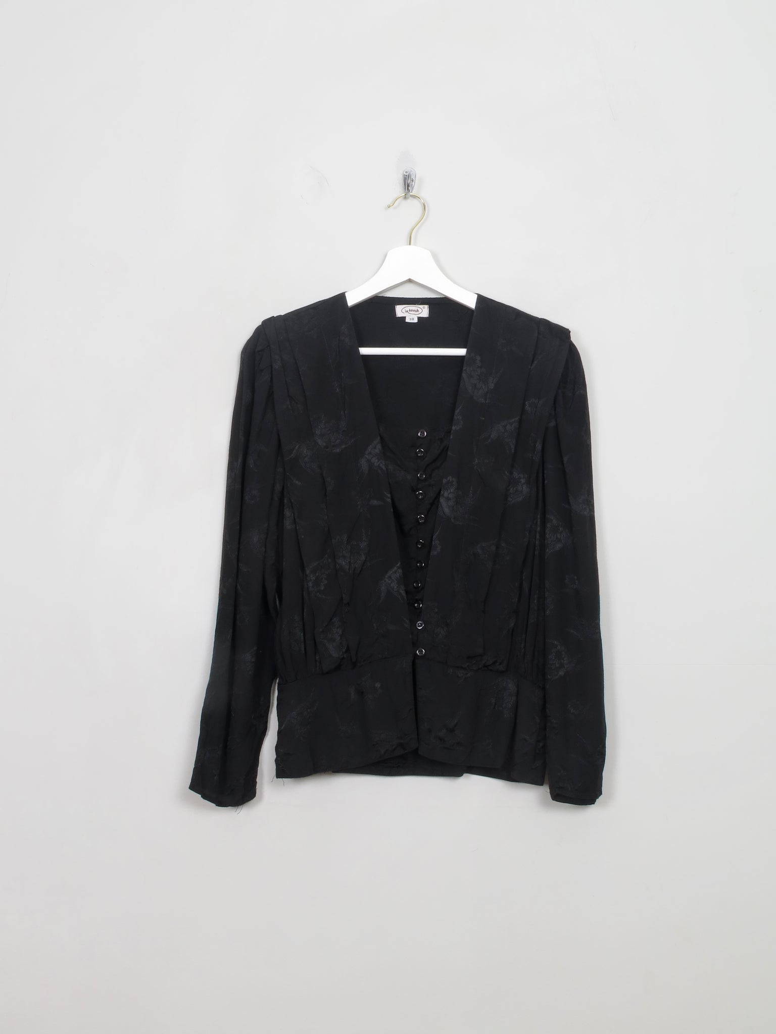 Women's Vintage Black Jacquard Long Sleeved Blouse S