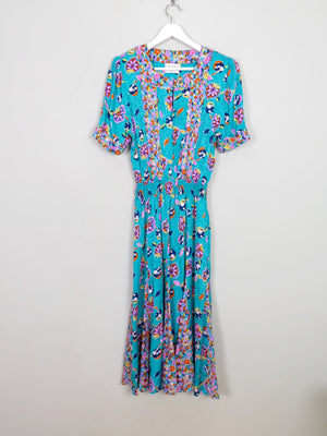 Vintage Aqua Green Printed Midi Dress S