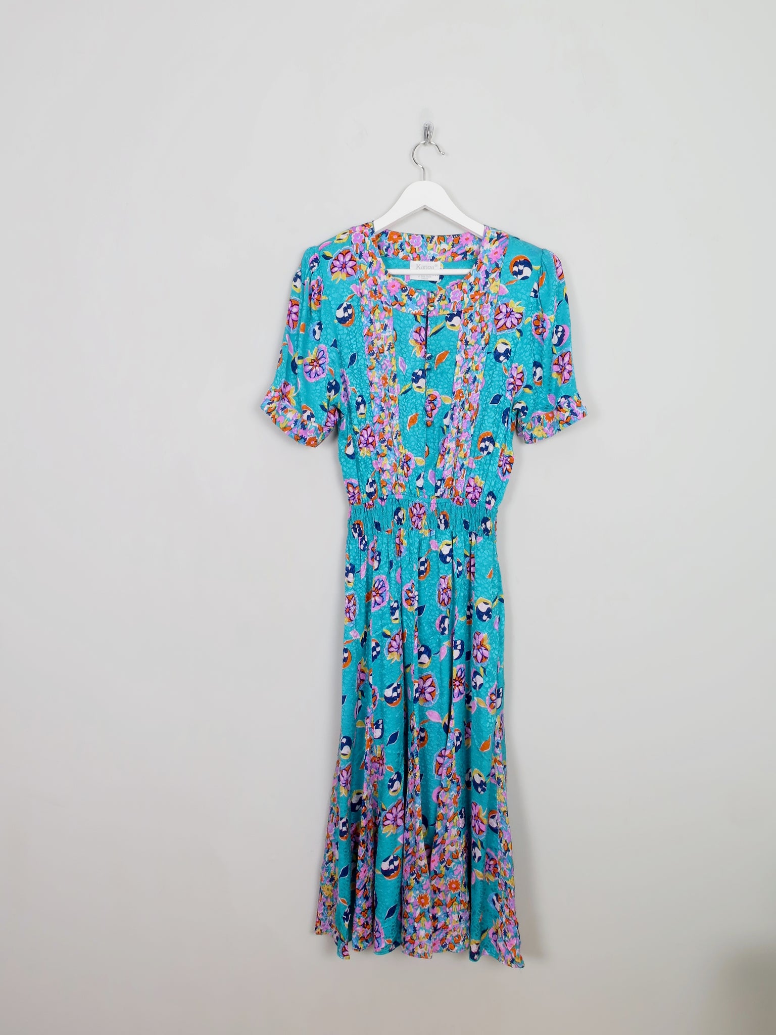 Vintage Aqua Green Printed Midi Dress S