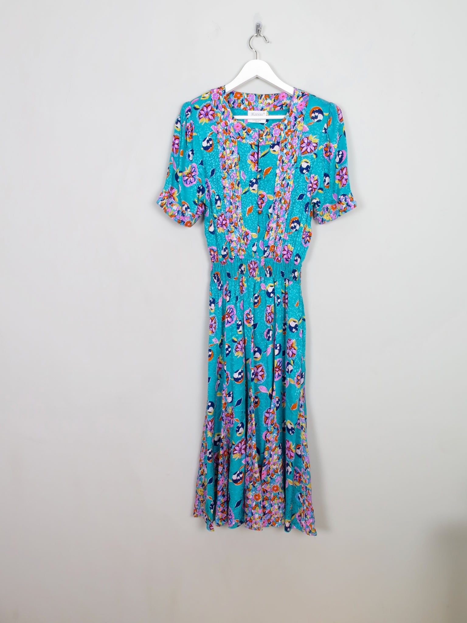 Vintage Aqua Green Printed Midi Dress S