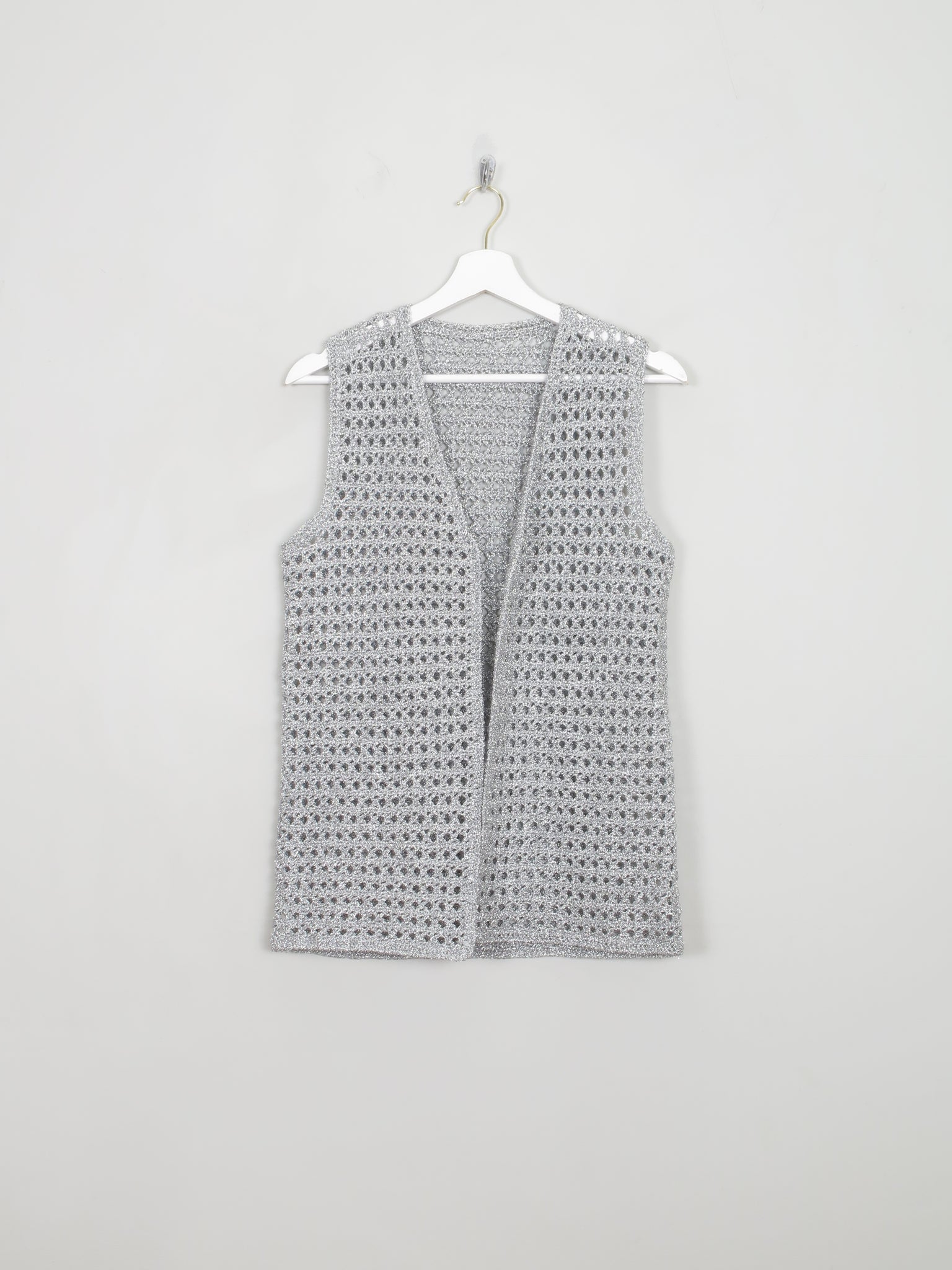 Women's Vintage Silver Crochet Waistcoat Gilet S/M