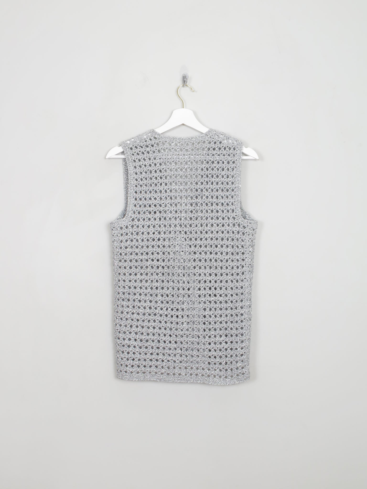 Women's Vintage Silver Crochet Waistcoat Gilet S/M
