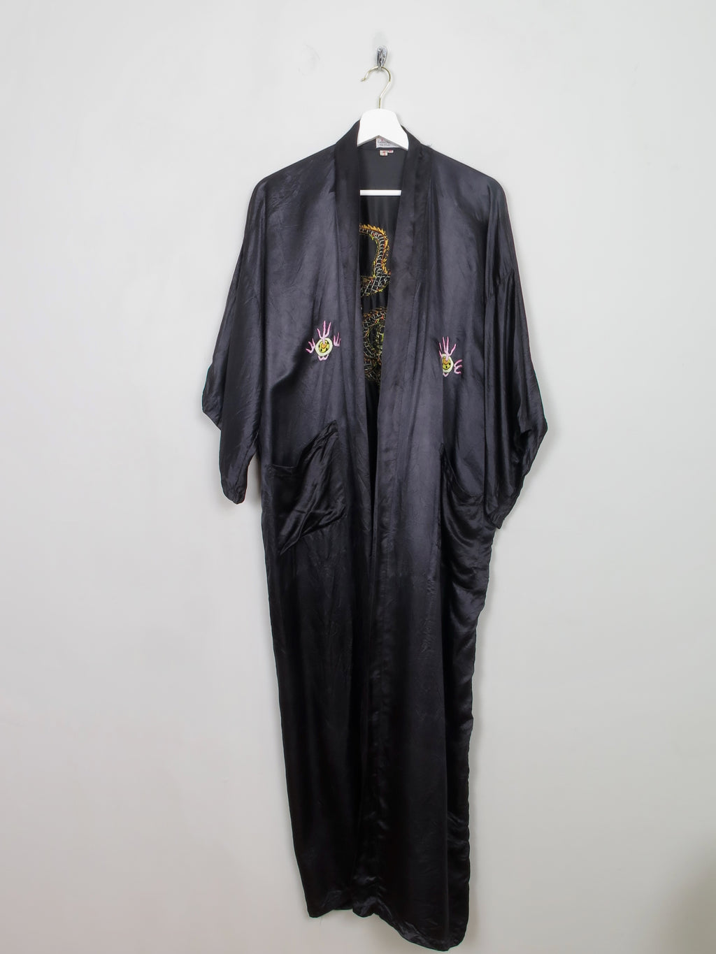 Vintage Black Silk Embroidered Kimono Dressing Gown S-L