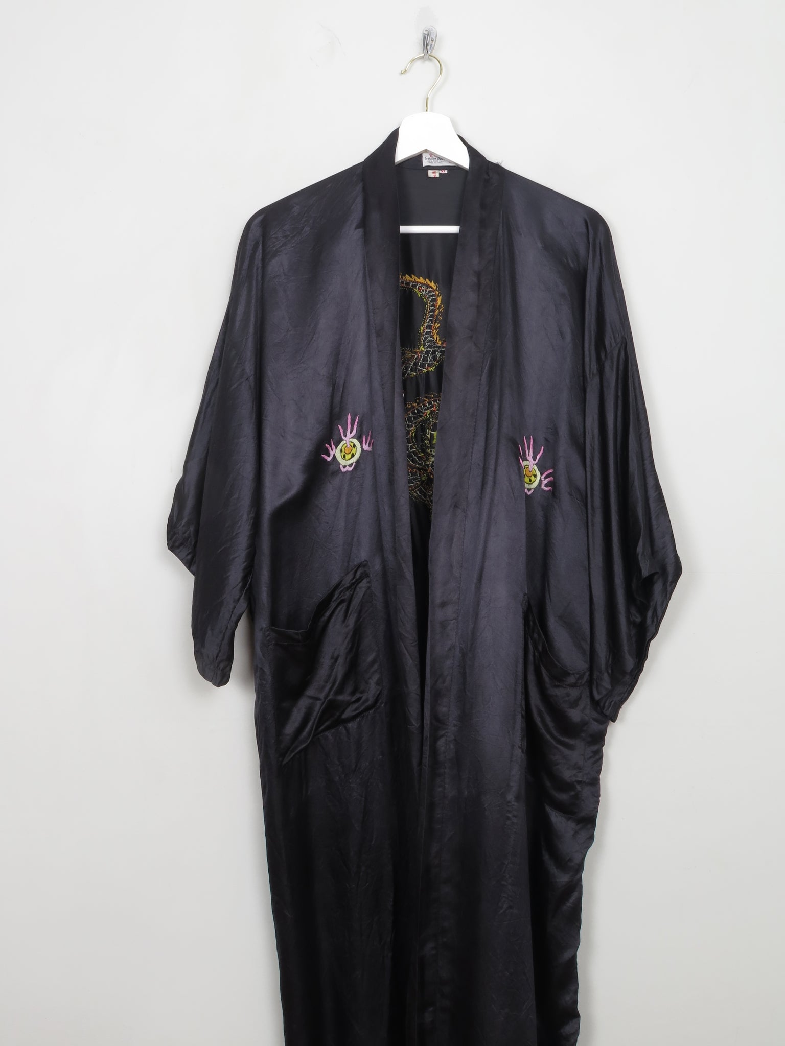 Vintage Black Silk Embroidered Kimono Dressing Gown S-L - The Harlequin