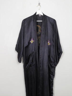 Vintage Black Silk Embroidered Kimono Dressing Gown S-L - The Harlequin