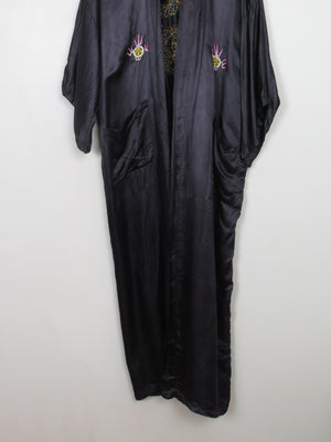 Vintage Black Silk Embroidered Kimono Dressing Gown S-L - The Harlequin