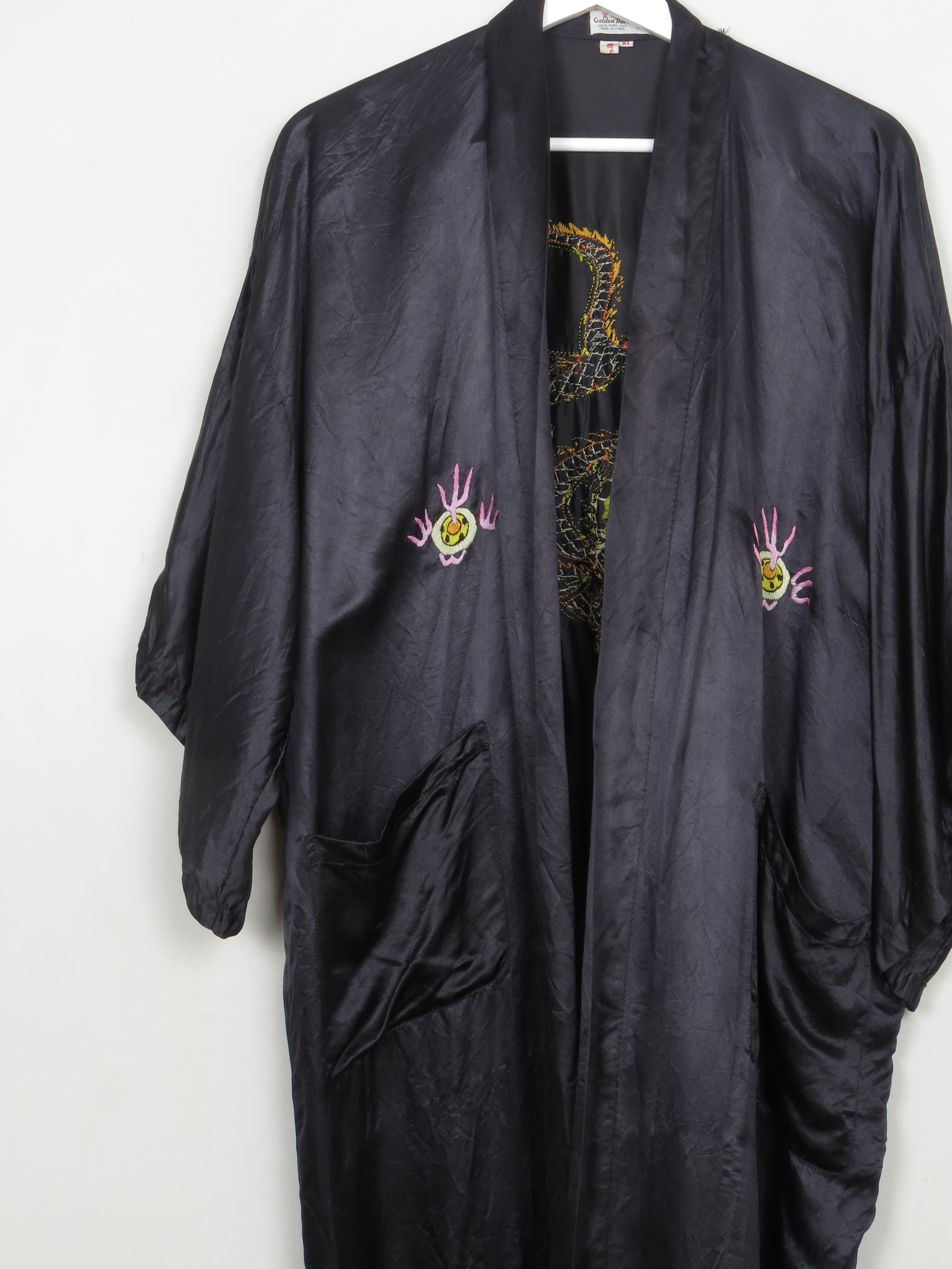 Vintage Black Silk Embroidered Kimono Dressing Gown S-L - The Harlequin