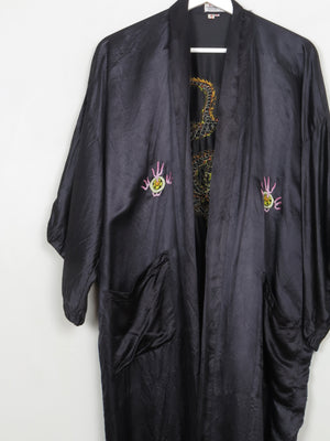 Vintage Black Silk Embroidered Kimono Dressing Gown S-L - The Harlequin