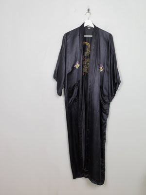 Vintage Black Silk Embroidered Kimono Dressing Gown S-L - The Harlequin