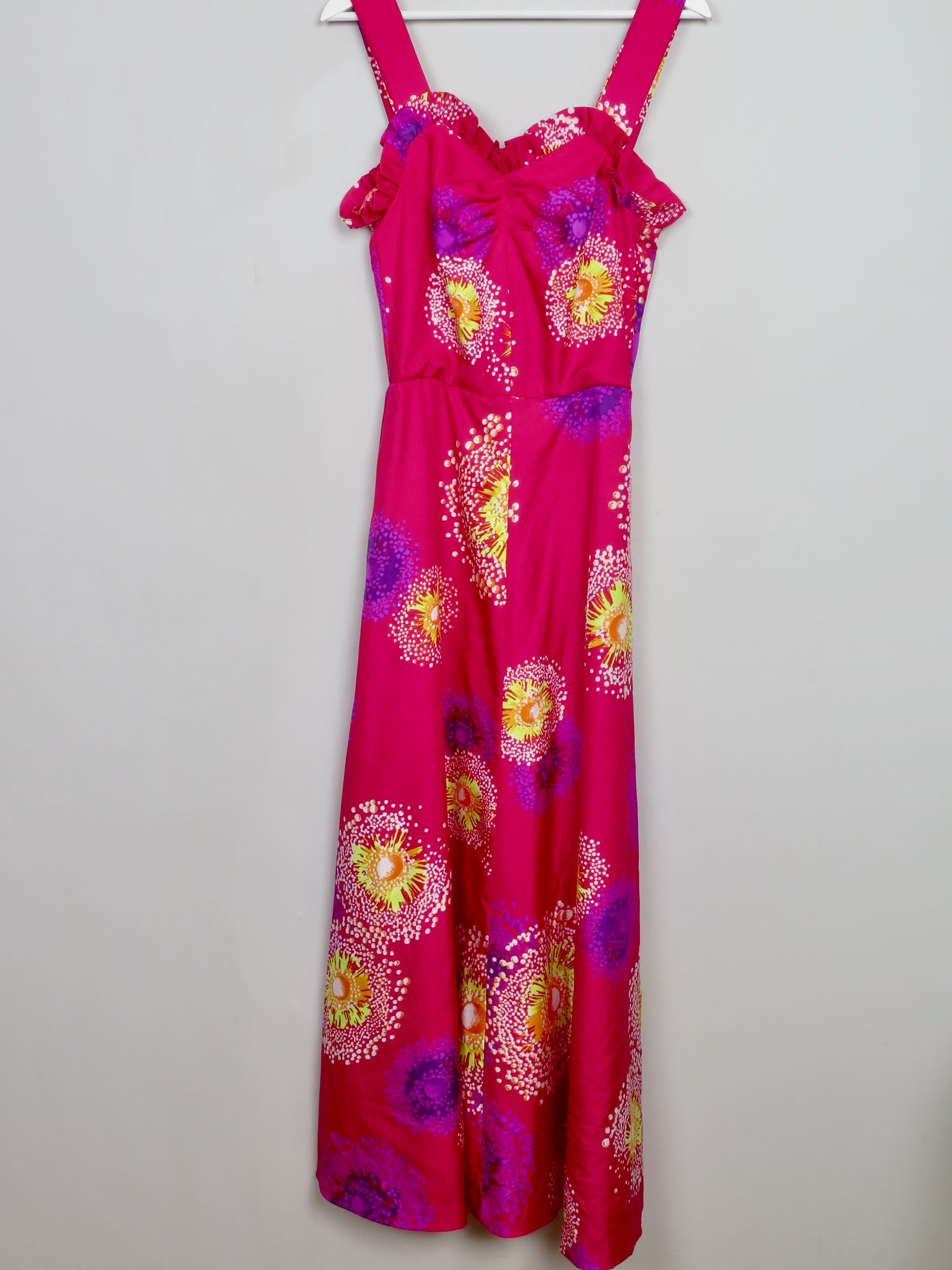 Vintage Long Pink Printed 70s Dress XS - The Harlequin