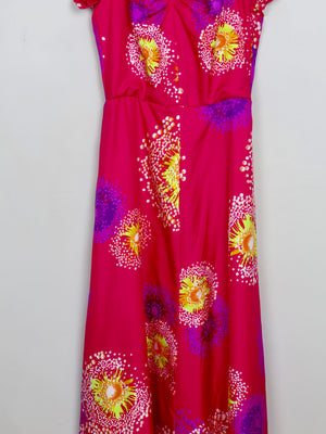 Vintage Long Pink Printed 70s Dress XS - The Harlequin