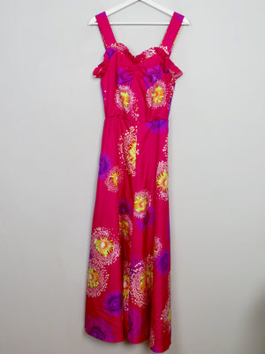Vintage Long Pink Printed 70s Dress XS - The Harlequin