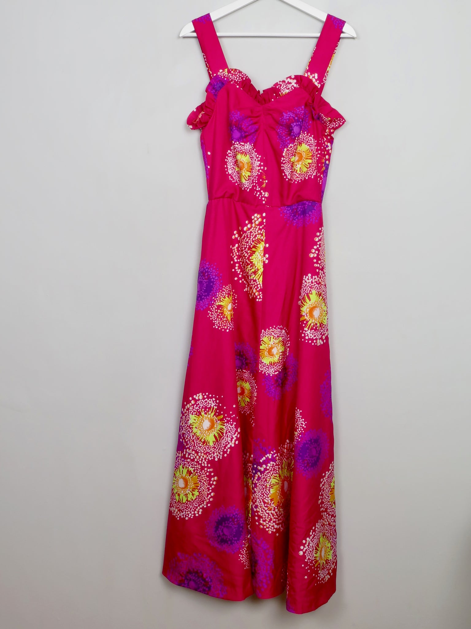 Vintage Long Pink Printed 70s Dress XS - The Harlequin