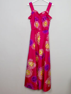 Vintage Long Pink Printed 70s Dress XS - The Harlequin
