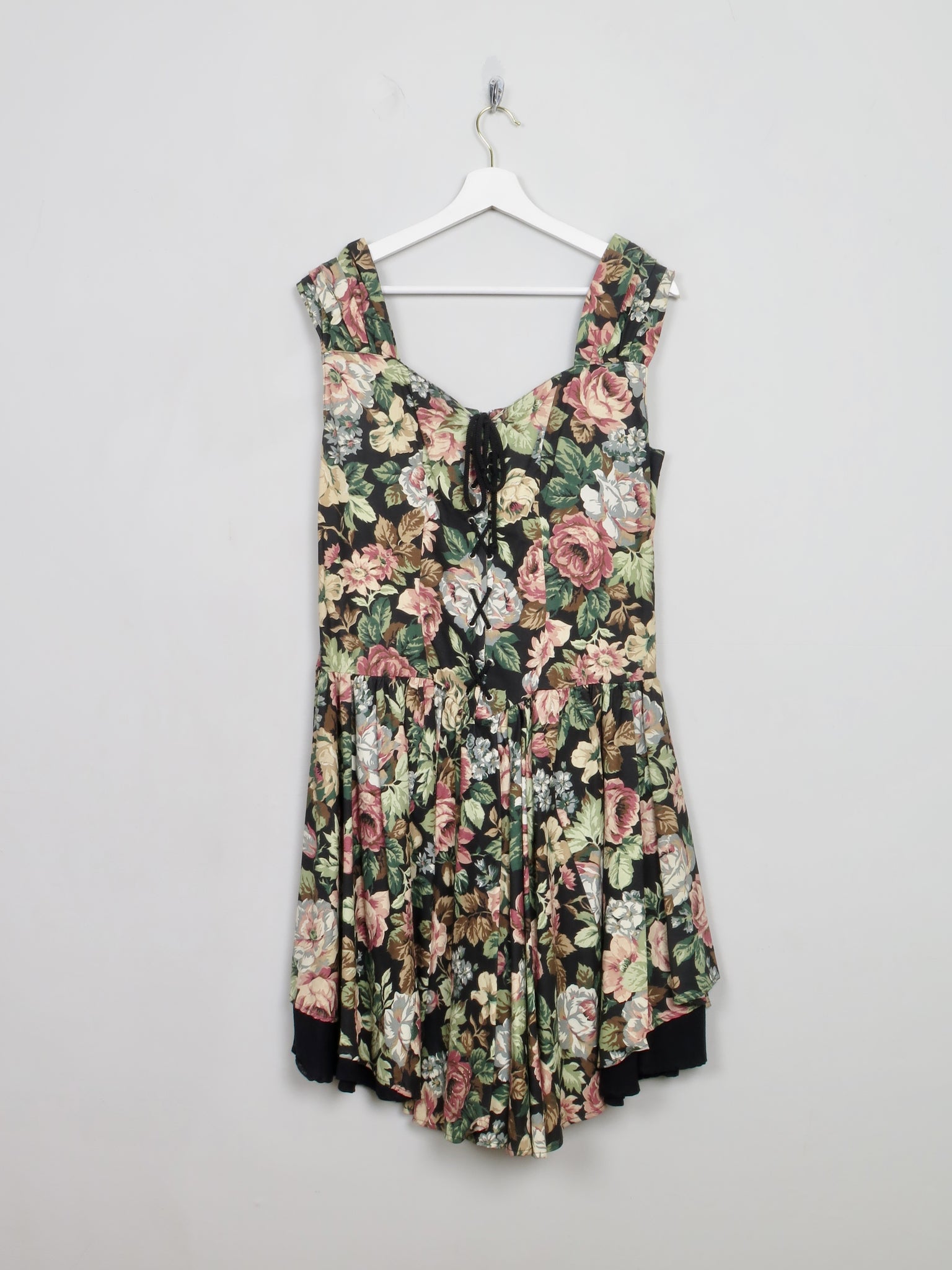 Vintage Black Floral 1980s Dress M