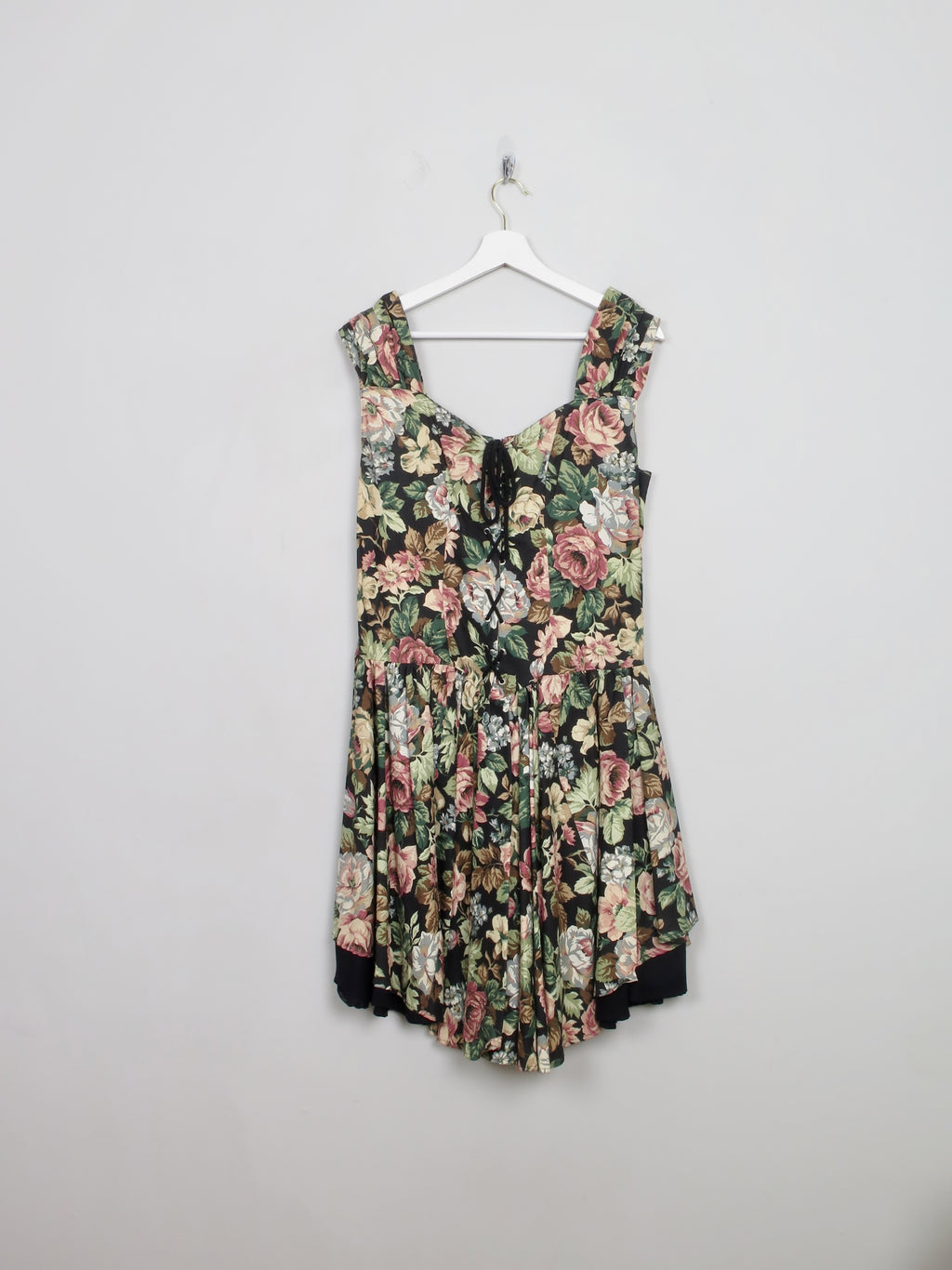 Vintage Black Floral 1980s Dress M