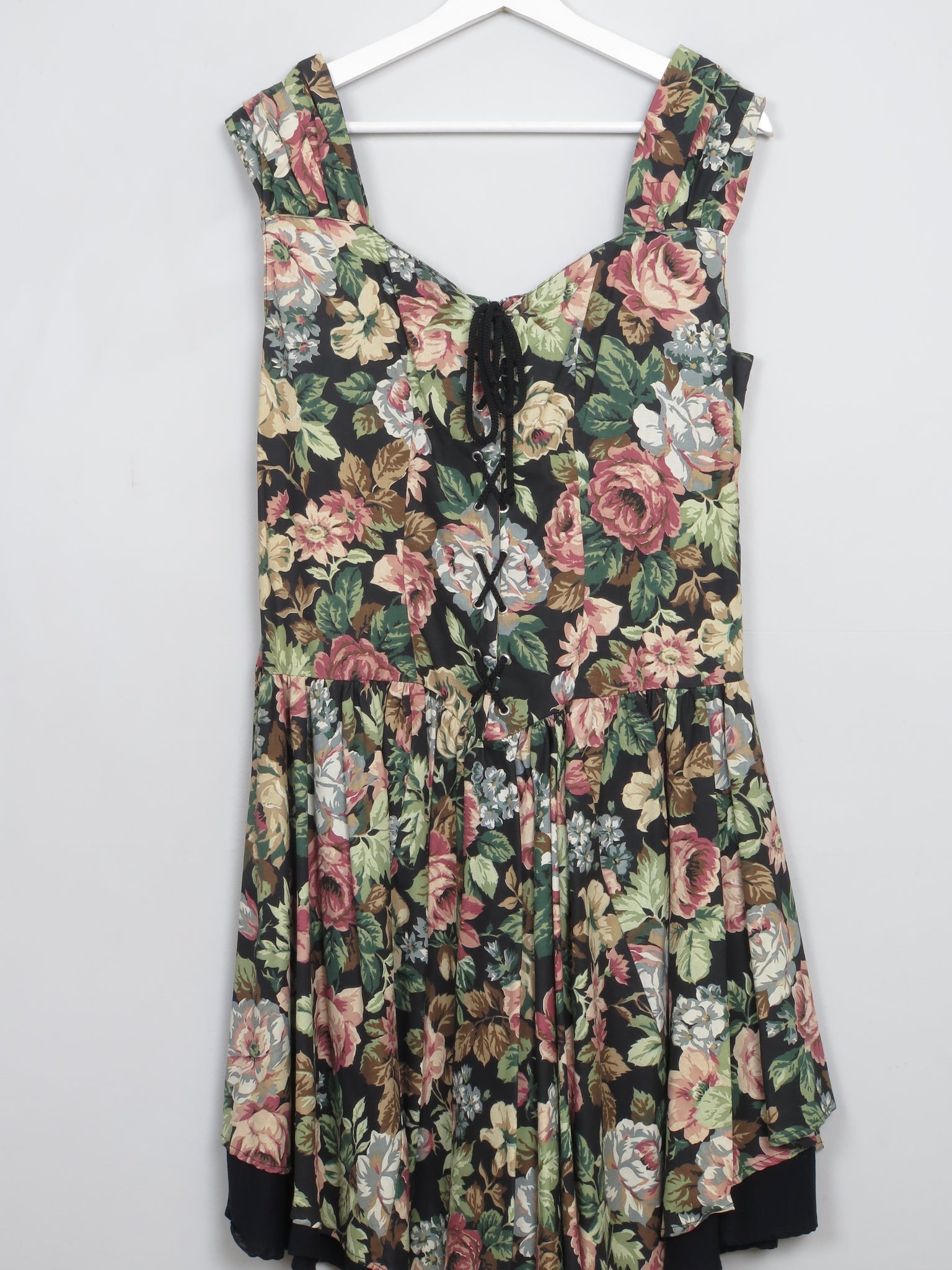 Vintage Black Floral 1980s Dress M