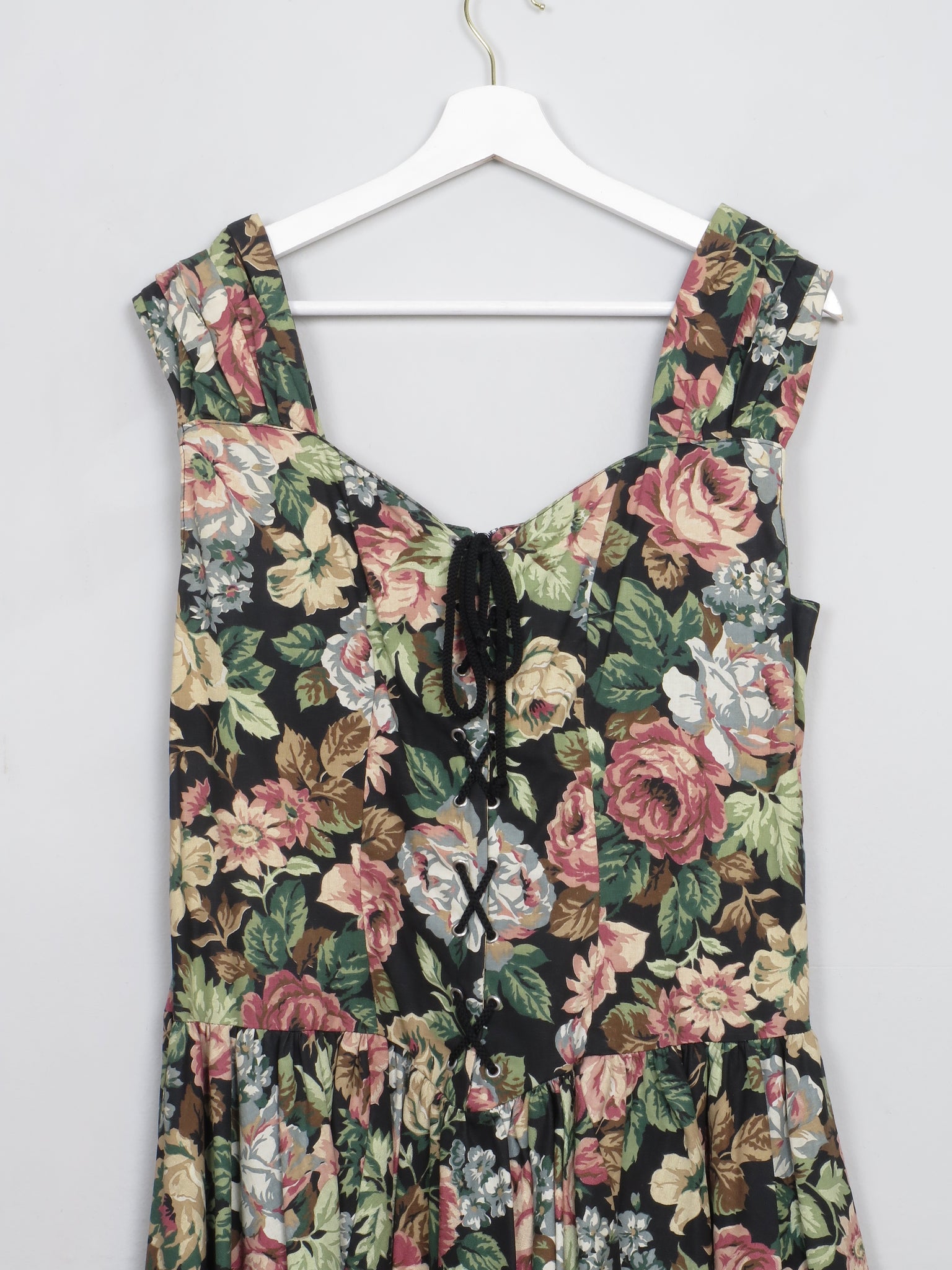 Vintage Black Floral 1980s Dress M