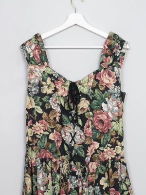 Vintage Black Floral 1980s Dress M