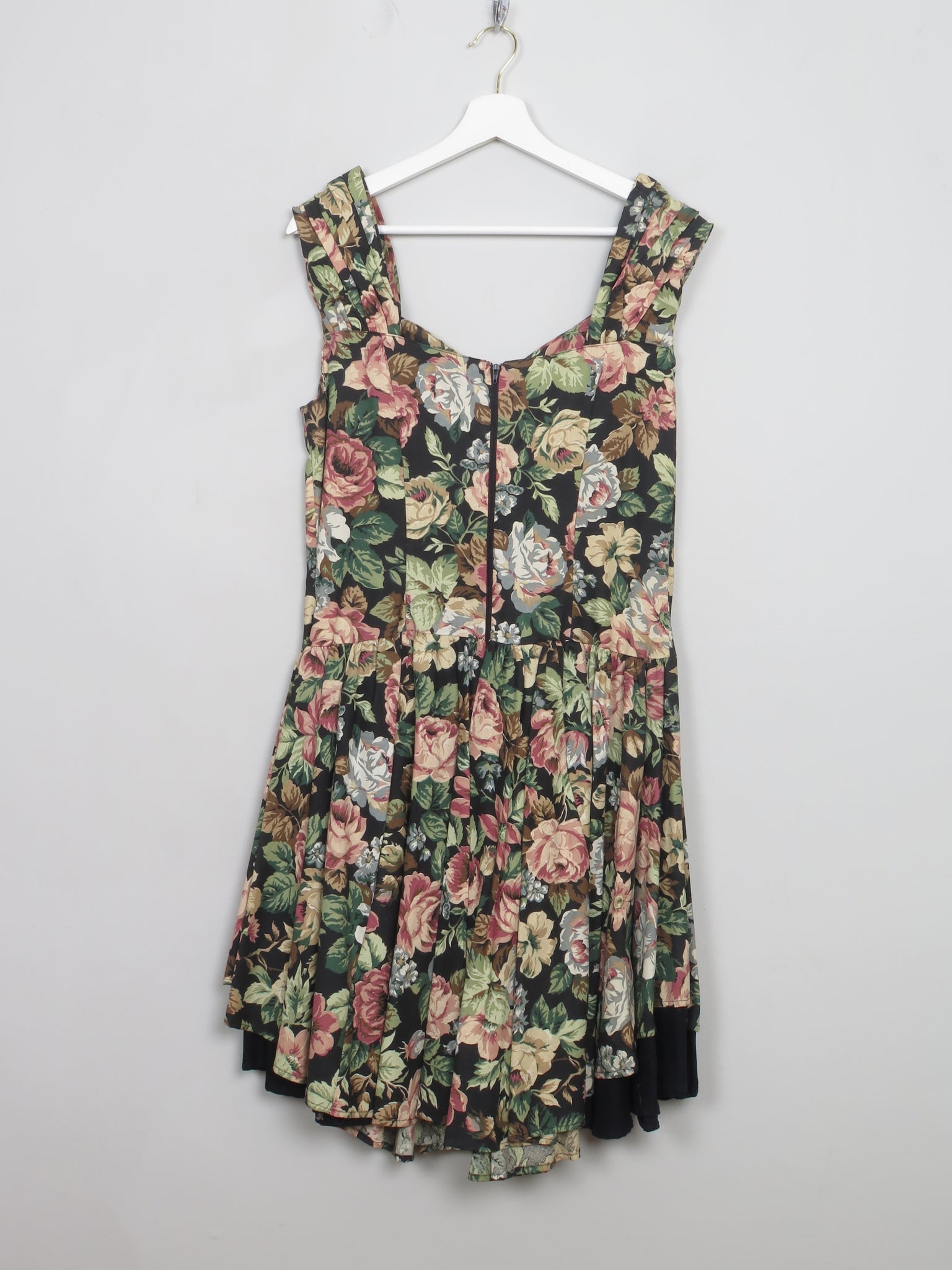 Vintage Black Floral 1980s Dress M