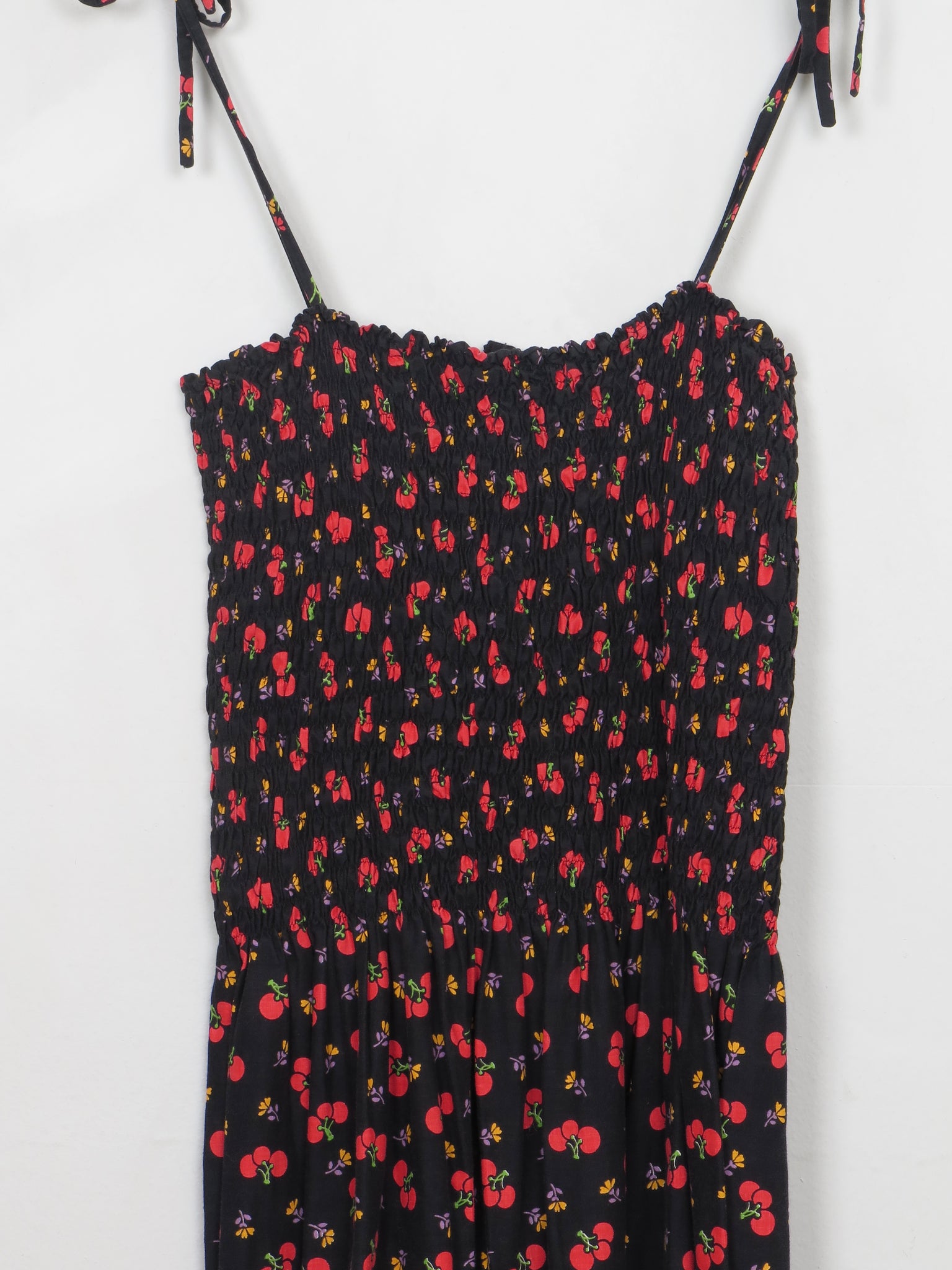 Vintage Black Cherry Print Summer Dress S/M