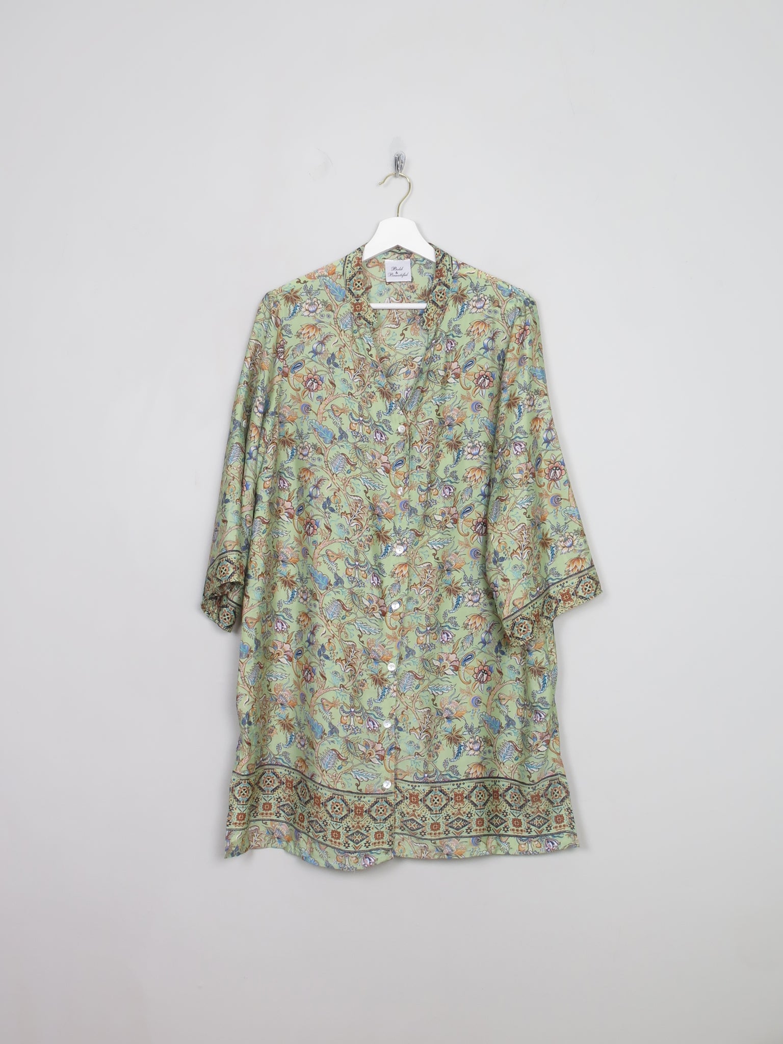 Orential Style Green Long Silk Tunic Blouse L