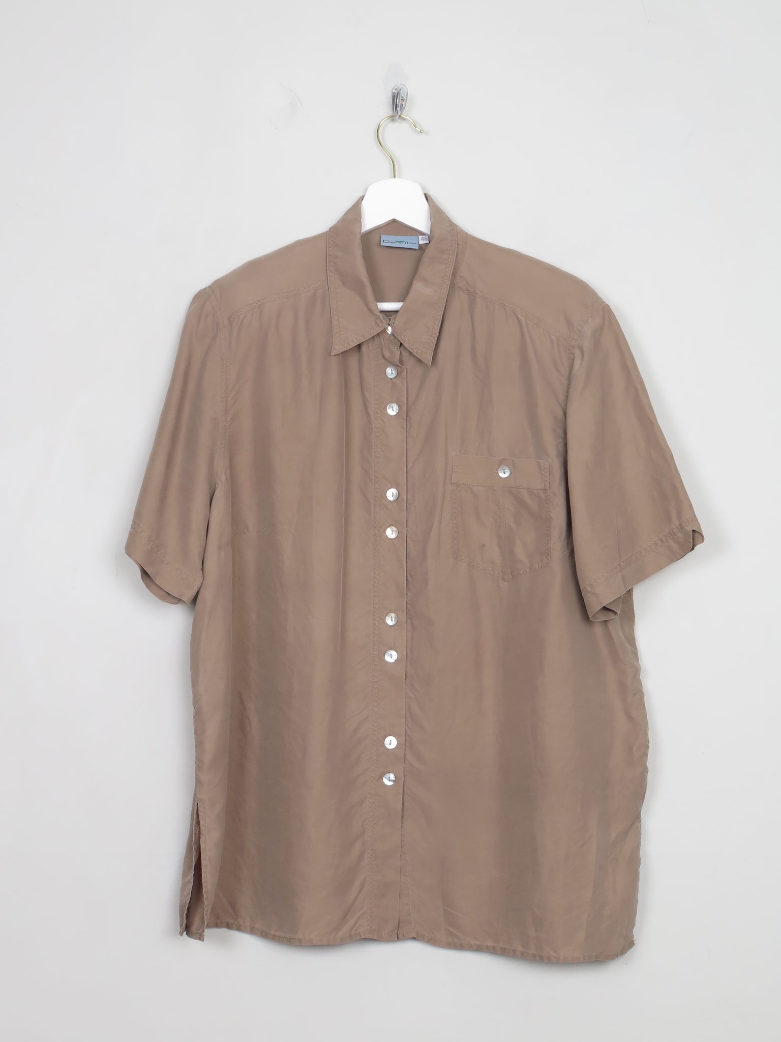 Women's Vintage Taupe Silk Blouse Short Sleeved L
