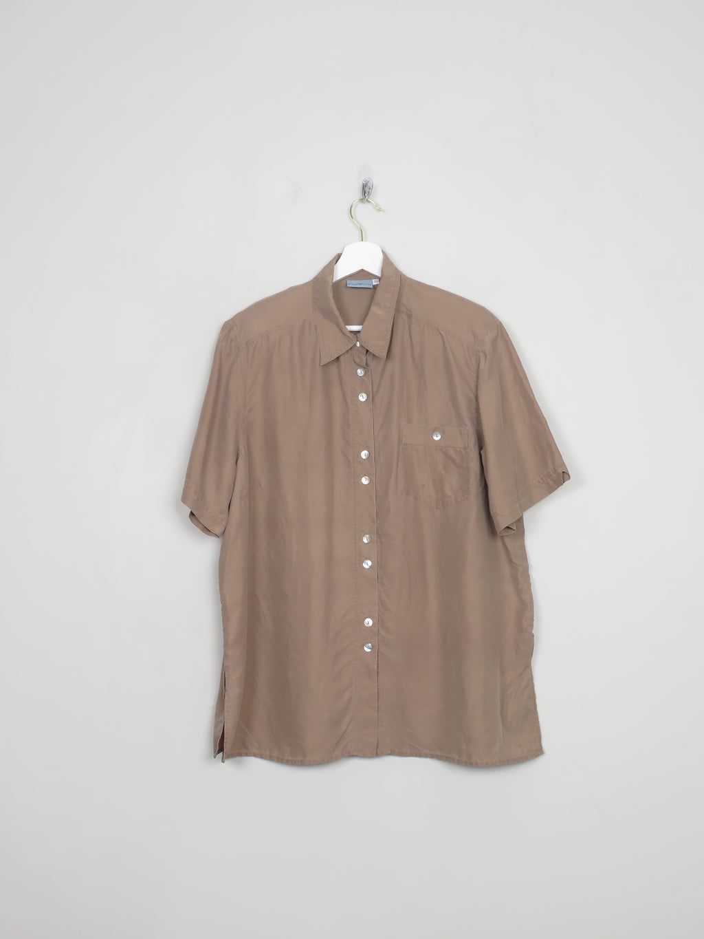 Women's Vintage Taupe Silk Blouse Short Sleeved L