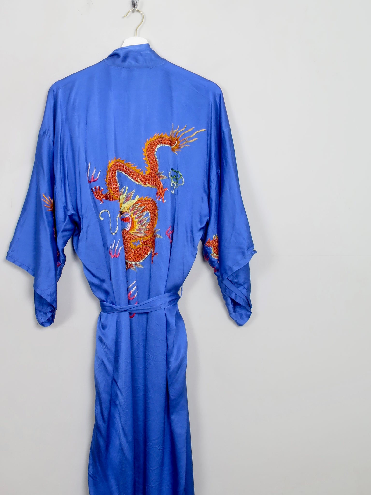 Vintage Blue Silk Chinese Dressing Gown Kimono S/M - The Harlequin