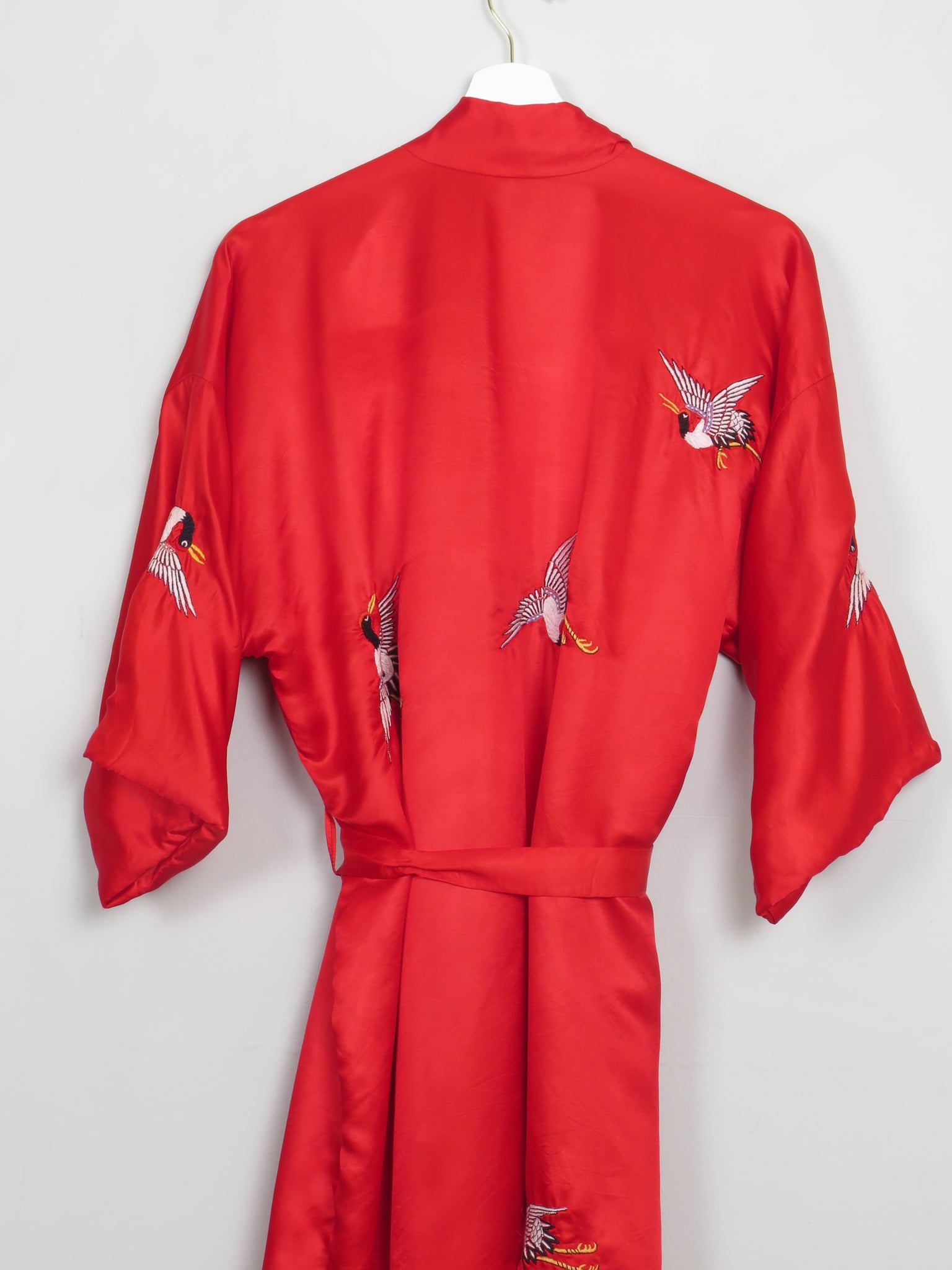 Vintage Red Satin Kimono Dressing Gown Embroidered S/M - The Harlequin