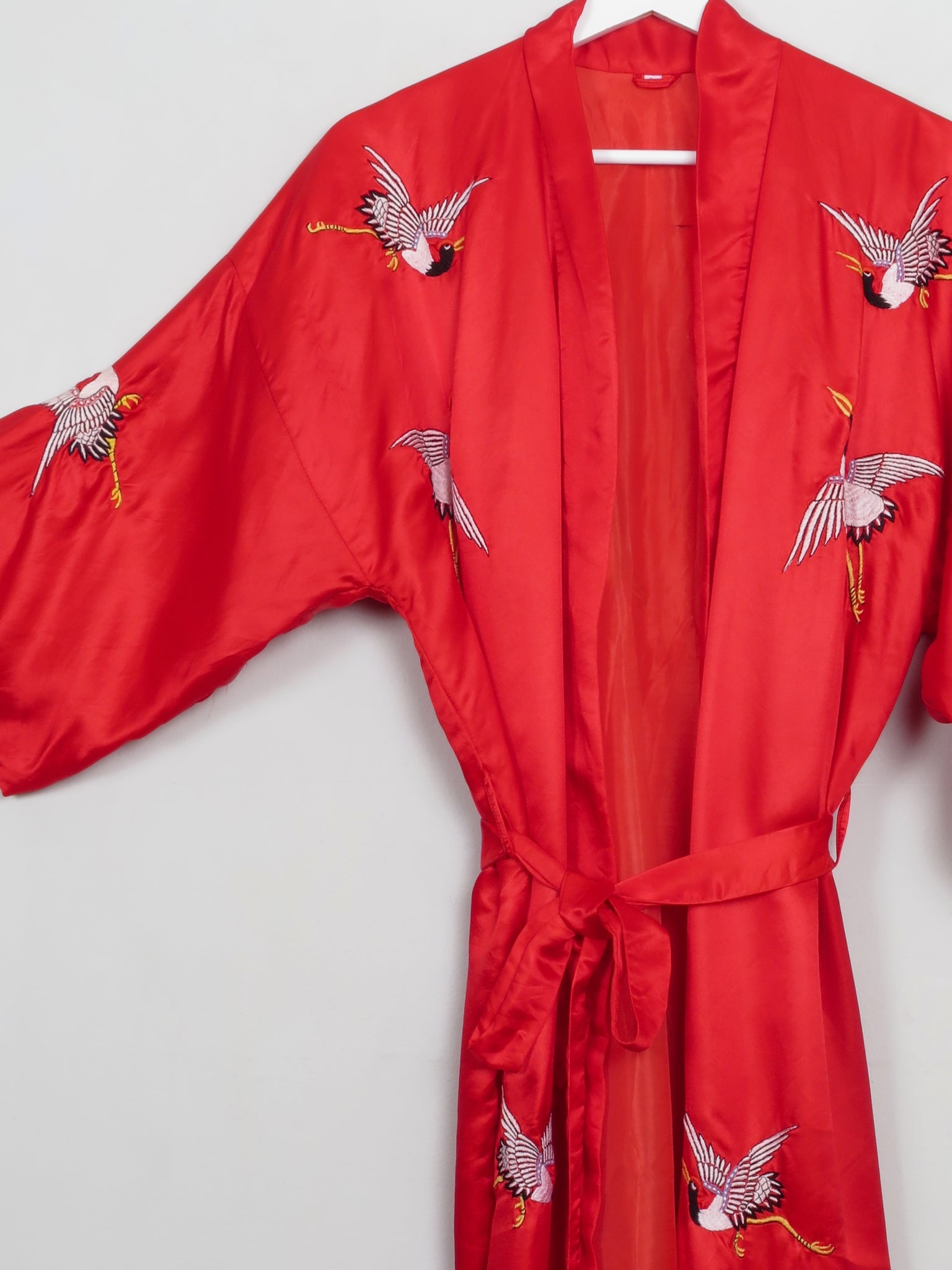 Vintage Red Satin Kimono Dressing Gown Embroidered S/M - The Harlequin