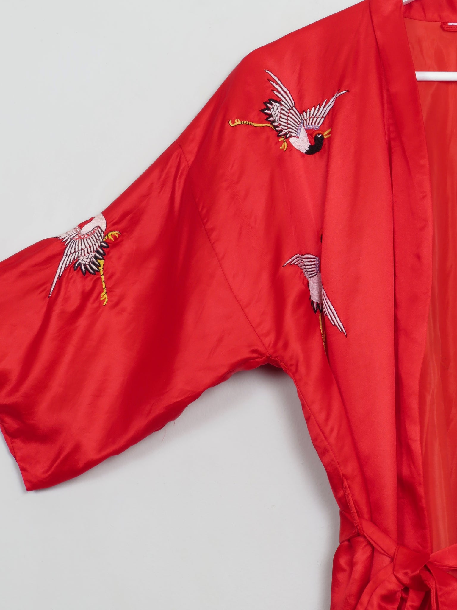 Vintage Red Satin Kimono Dressing Gown Embroidered S/M - The Harlequin