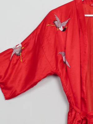 Vintage Red Satin Kimono Dressing Gown Embroidered S/M - The Harlequin