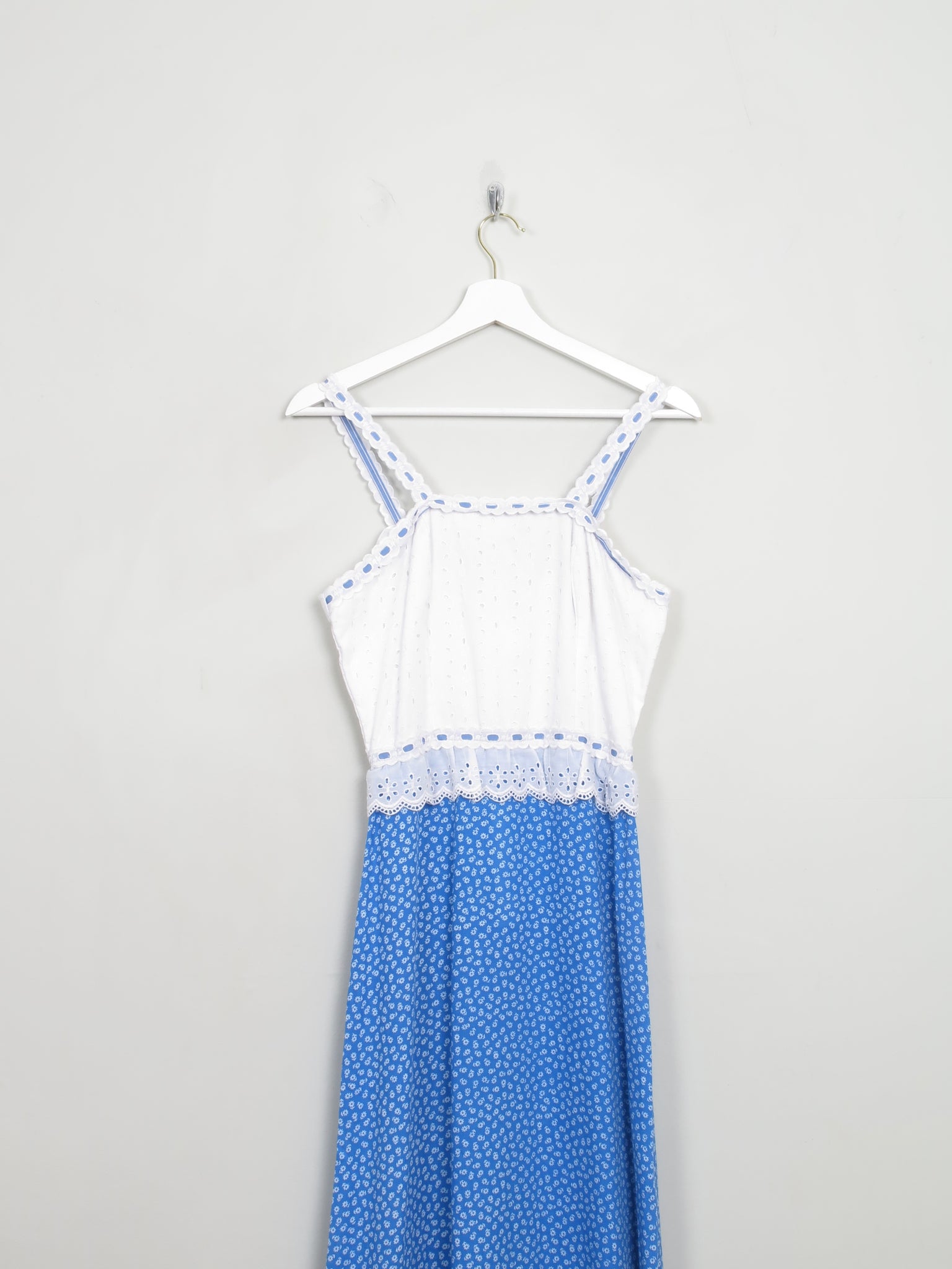 Vintage Blue & White 1970s Prairie  Style Maxi Dress XS